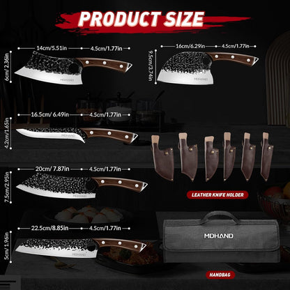 MDHAND Butcher Knife Set, 12PCS Hand Forged Serbian Chef Knife Set with Bag, High Carbon Steel Full Tang Kitchen Knives Set, Meat Cleaver & Boning Knife for Brisket Trimming BBQ Camping, Gift for Men