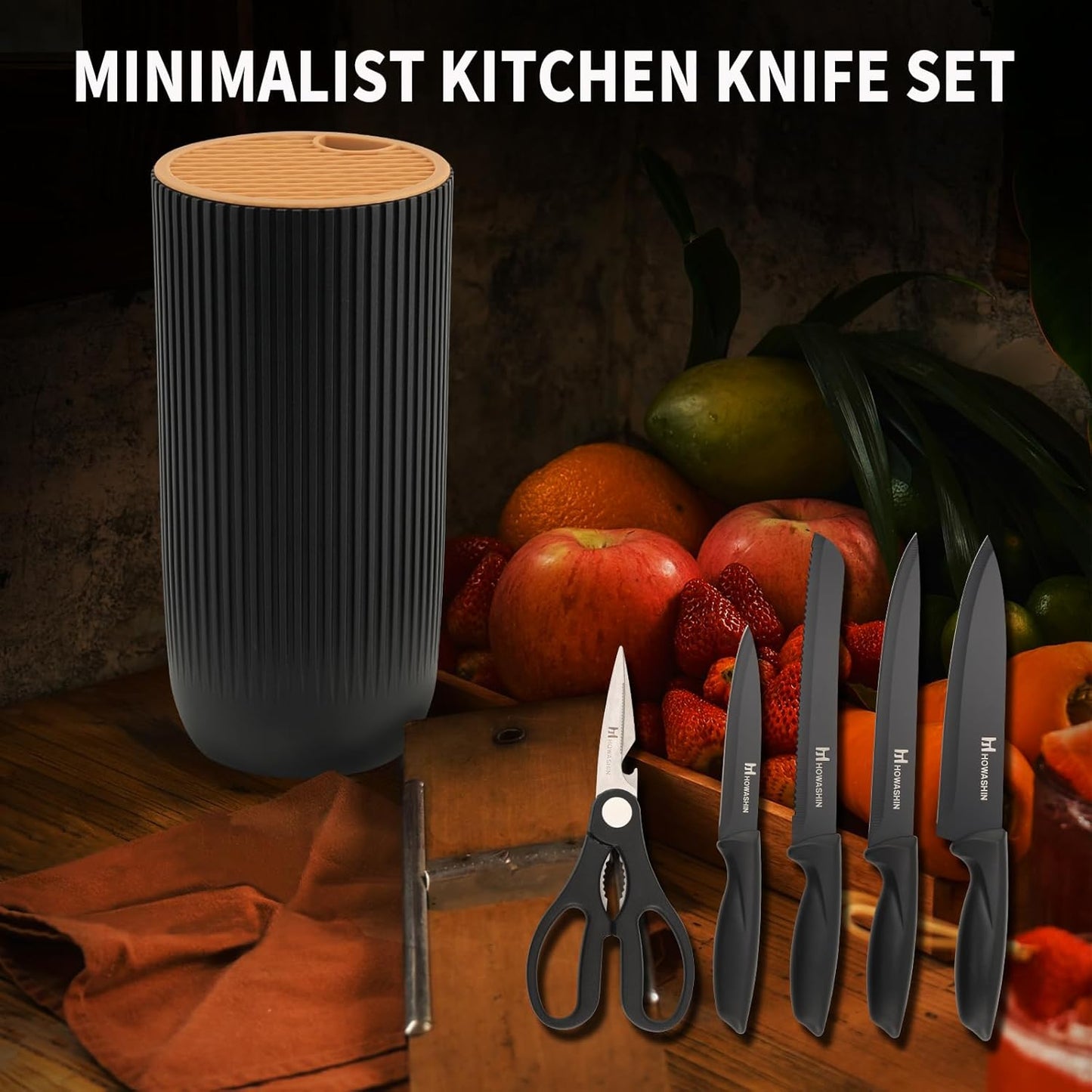 Knife Set - 6 Piece Knife Block Set, Knives Set for Kitchen Scissors With Compact Holder, No Stick Sharp Chef Knife, Razor Sharp Ergonomic Handle Design (Khaki)