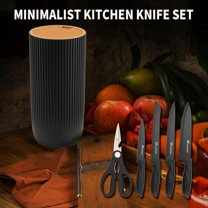 Knife Set - 6 Piece Knife Block Set, Knives Set for Kitchen Scissors With Compact Holder, No Stick Sharp Chef Knife, Razor Sharp Ergonomic Handle Design (Khaki)