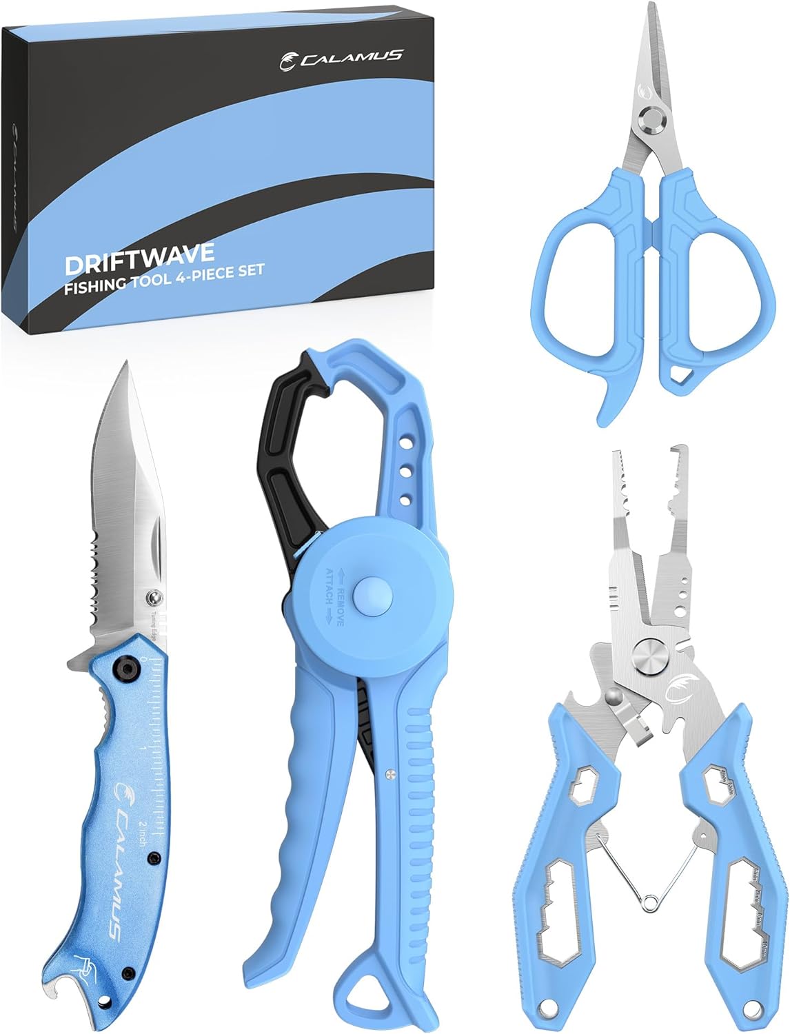 Calamus DriftWave Fishing Tool Kit – Corrosion Resistant Fishing Pliers, Lip Gripper, Fillet Knife, Scale, Retractor & Glove,Scissors & Pocket Knife,Fishing Gifts for Men