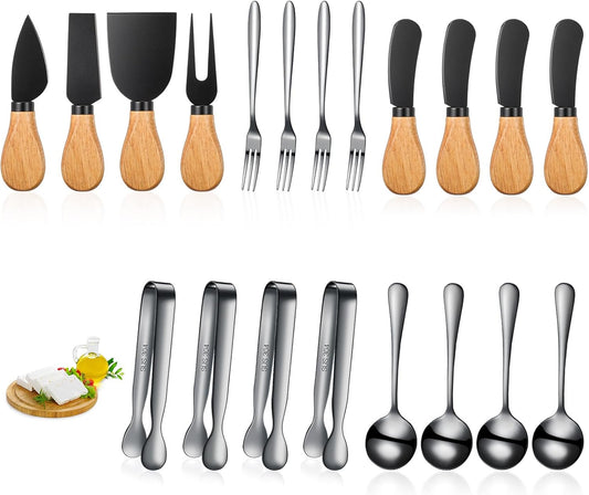 Charcuterie Board Accessories Spreader Knife Set Cheese Butter Spreader Knife Charcuterie Utensils with Wooden Handles Mini Serving Tongs Spoons Forks for party Wedding Christmas (Silver, 20 Pieces)
