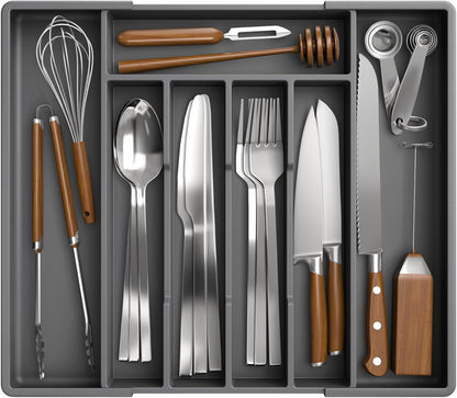 Kitsure Silverware Organizer for Drawers - Expandable Cutlery and Utensil Drawer Organizer with Easy Maintenance, Premium PP Kitchen Organizers and Storage for Flatware, Black, 13.2" x 12.2" x 1.6"