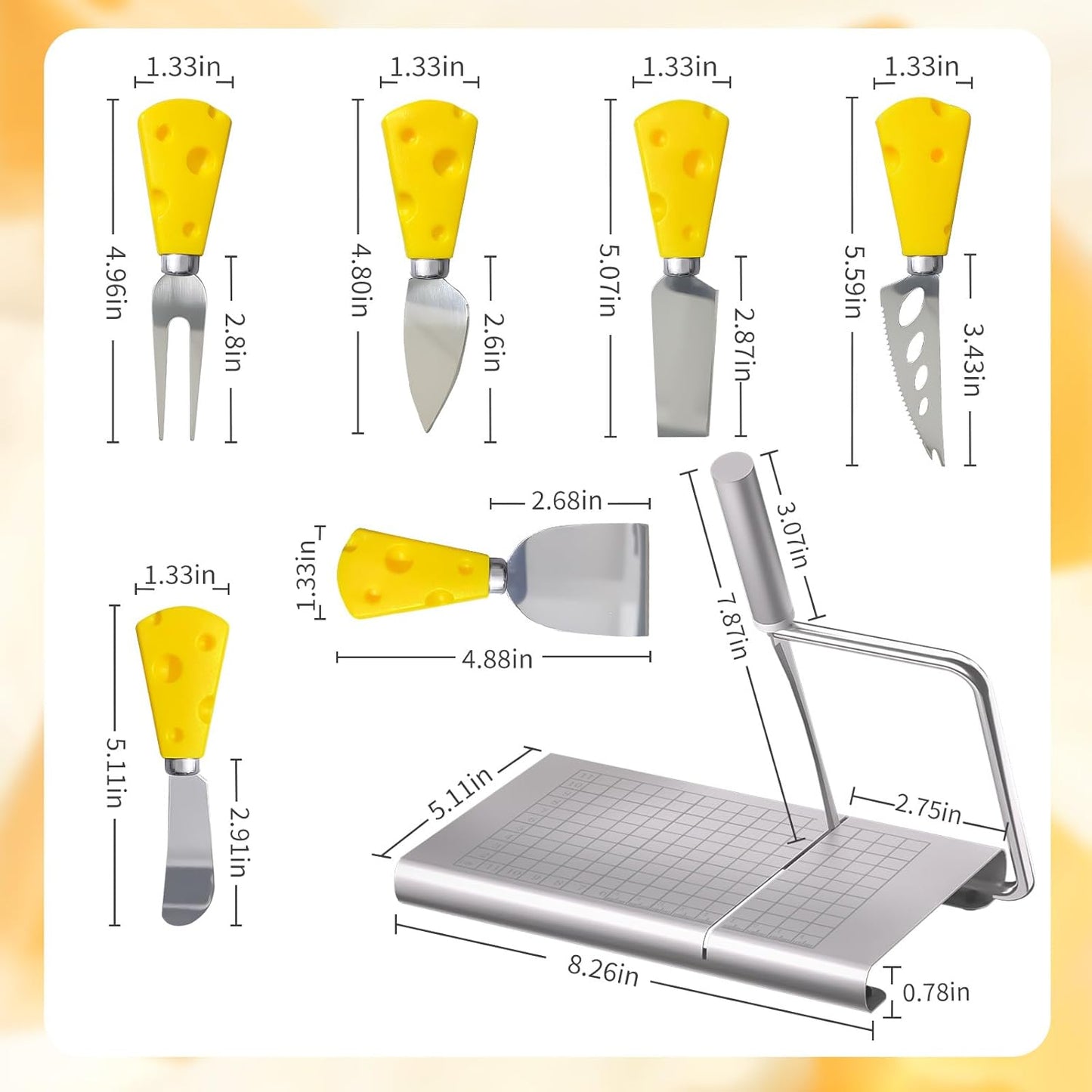 Cheese Slicer, with Measuring Grids Board & 6 Piece Cheese Knives, Stainless Steel Cheese Cutter with Blade, for Block Cheese, Butter and Sausages, Dishwasher Safe
