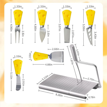 Cheese Slicer, with Measuring Grids Board & 6 Piece Cheese Knives, Stainless Steel Cheese Cutter with Blade, for Block Cheese, Butter and Sausages, Dishwasher Safe