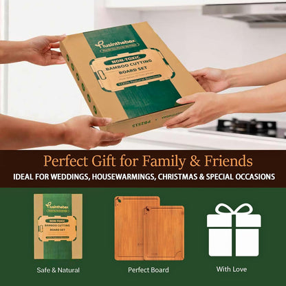 Cutting Boards for Kitchen, Bamboo Cutting Board Set of 3 with Storage Stand, Deep Carbonized Chopping Boards with Deep Juice Grooves and Side Handles for Meat, Vegetables, Fruit and Meal Prep
