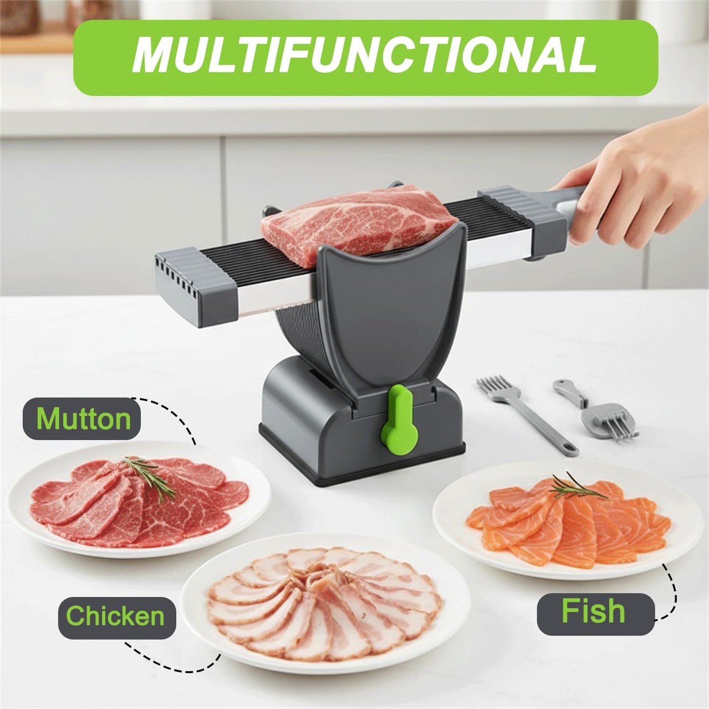 Fresh Meat Slicer Manual with 17 Stainless Steel Blades, Adjustable 2mm 4mm Thickness, Multi-Function Slicing & Dicing Tool for Beef, Pork, Chicken, Jerky, Meal Prep & Home Cooking