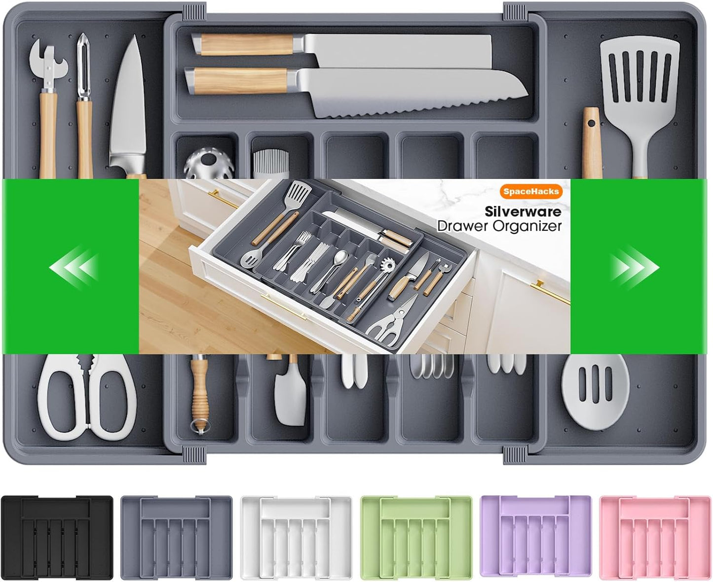 SpaceHacks Silverware Organizer，Adjustable & Expandable Utensil Drawer Organizer, BPA Free Utensil Holder, Cutlery Tray for Forks, Spoons, Knives in Kitchen, Medium, White