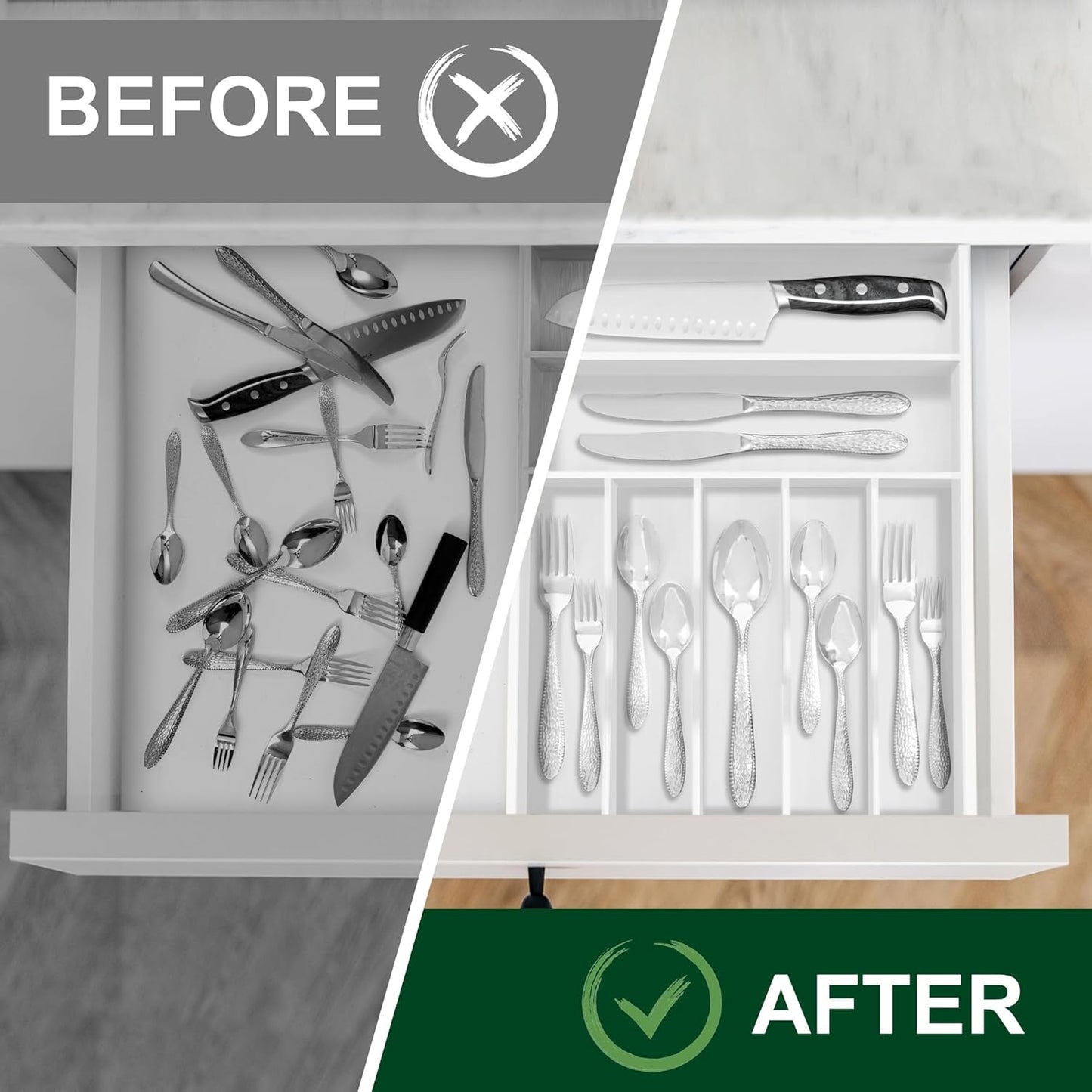 Bellsal Natural Utensil Organizer 12.5 Inch Silverware Organizer for Drawer Utensil Holder Cutlery Organizer Kitchen Drawer Organizer 7 Compartment Small Narrow Bamboo
