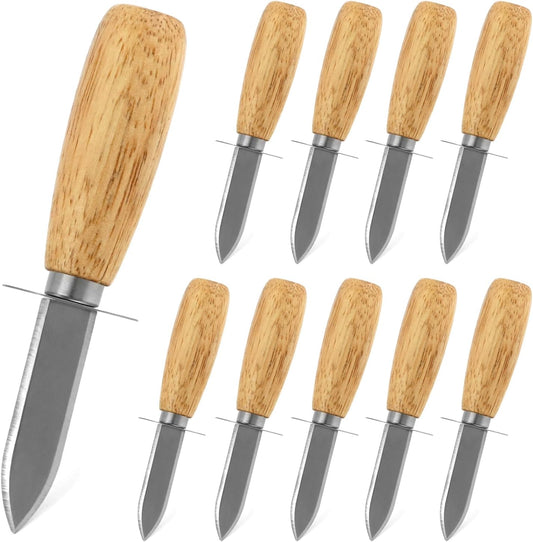 QWORK Professional Oyster Clam Shucking Opener, 10 Pcs, Sturdy Stainless Steel and Smooth Wooden Handle, Dishwasher Safe, Ideal for Shellfish Seafood