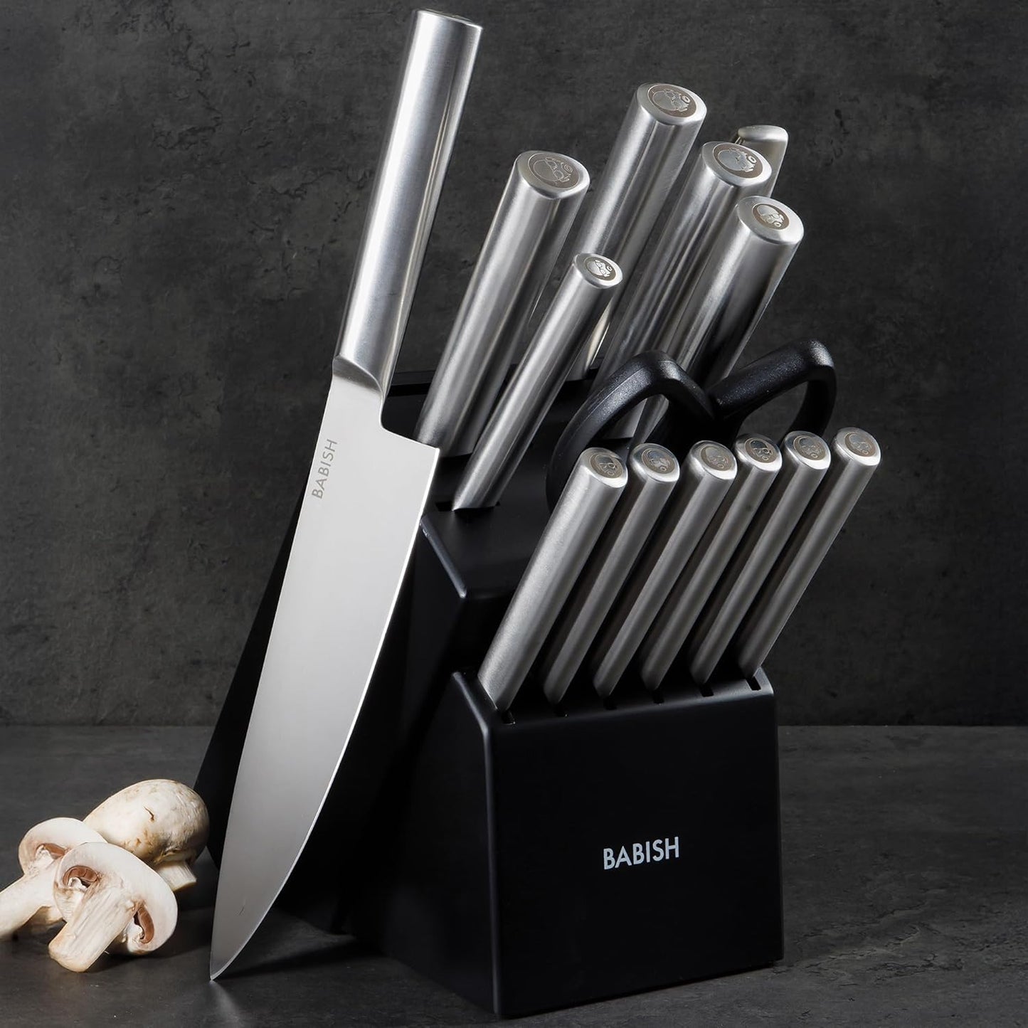 Babish High-Carbon 1.4116 German Steel 15 Piece Full Tang Forged Cutlery Kitchen Knife Block Set - Black
