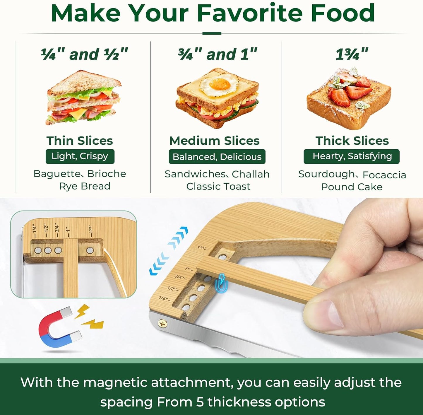 Adjustable Bread Slicer for Homemade Bread, 16.5'' Sourdough Bread Knife with Magnetic Adjustment Mechanism 5 Thickness Guides, Stainless Steel Serrated Bread Cutter for Bagels, Baguettes and More