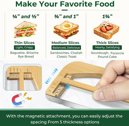 Adjustable Bread Slicer for Homemade Bread, 16.5'' Sourdough Bread Knife with Magnetic Adjustment Mechanism 5 Thickness Guides, Stainless Steel Serrated Bread Cutter for Bagels, Baguettes and More