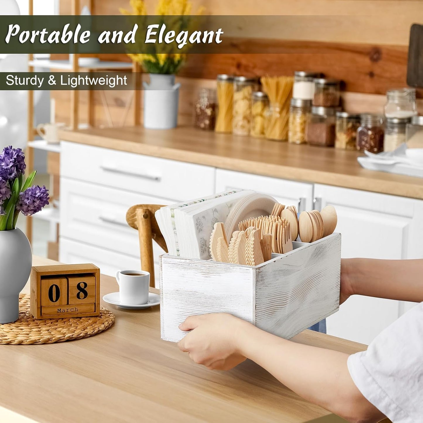 DRASTAR Utensil Holder, Wooden Silverware Caddy, Picnic Cutlery Organizer, Countertop Silverware Holder for Party, Pink