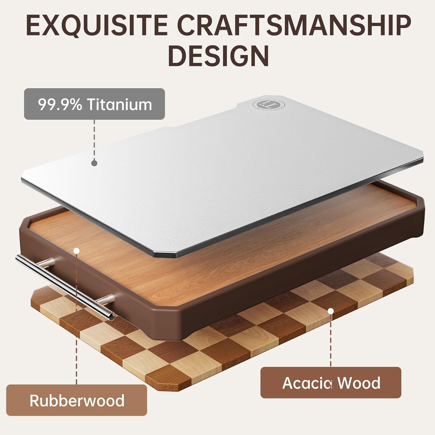 Titanium Cutting Board with Knife Sharpener, Pure Titanium & Acacia Wood Cutting Boards for Kitchen, Double Sided Checkerboard Chopping Board with Handle & Stand, 16.7”×10.4”x×1.2”