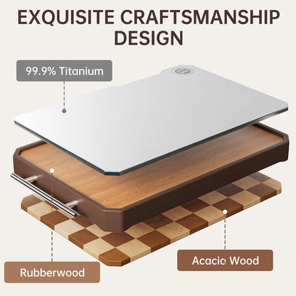 Titanium Cutting Board with Knife Sharpener, Pure Titanium & Acacia Wood Cutting Boards for Kitchen, Double Sided Checkerboard Chopping Board with Handle & Stand, 16.7”×10.4”x×1.2”