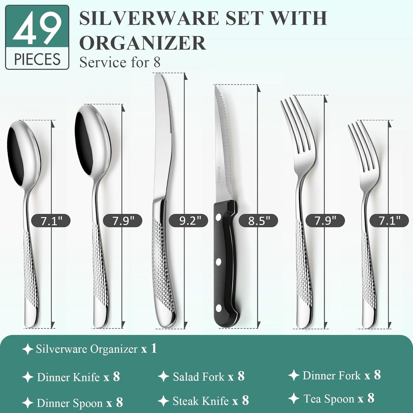 49-Piece Silverware Set with Bamboo Organizer for 8, Heavy-Duty Flatware Set with Steak Knives, Rust-Proof & Mirror Polished, Dishwasher Safe,Modern Hammered(organizer only for packaging)