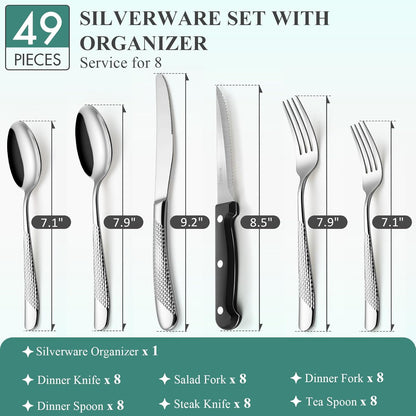 49-Piece Silverware Set with Bamboo Organizer for 8, Heavy-Duty Flatware Set with Steak Knives, Rust-Proof & Mirror Polished, Dishwasher Safe,Modern Hammered(organizer only for packaging)