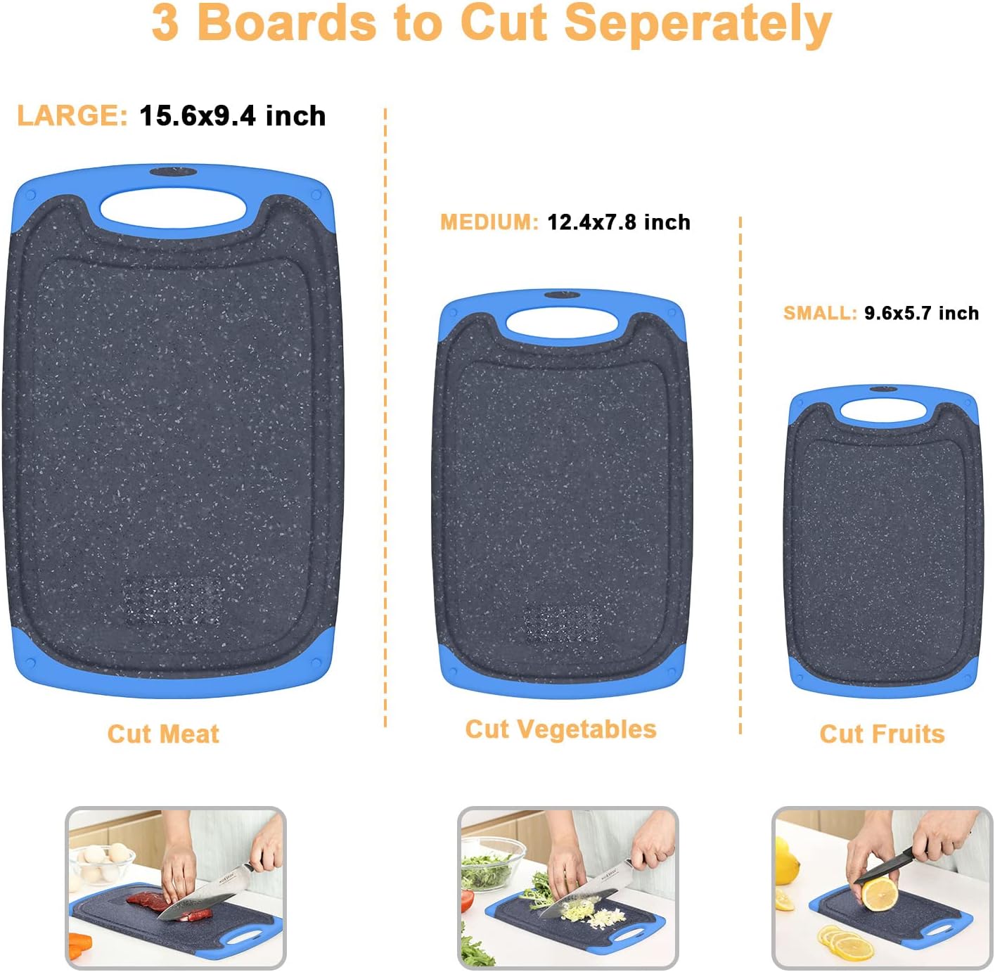 Viretang Plastic Cutting Boards Set of 3 for Kitchen, Thick Chopping Board with Deep Juice Grooves, Non‑Slip Feet, Easy Grip Handle, BPA Free, Dishwasher Safe,Black