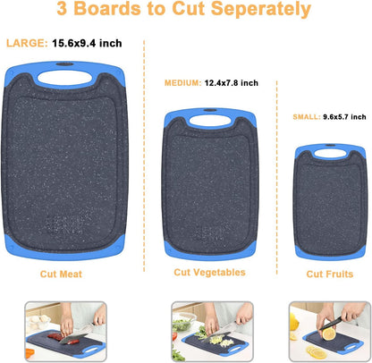 Viretang Plastic Cutting Boards Set of 3 for Kitchen, Thick Chopping Board with Deep Juice Grooves, Non‑Slip Feet, Easy Grip Handle, BPA Free, Dishwasher Safe,Black