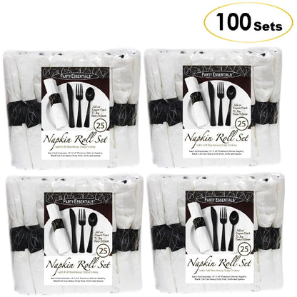 Party Essentials Pre-Rolled Disposable Extra Heavy Duty Plastic Cutlery Kit with Black Fork/Knife/Spoon and 3-Ply White Napkin (Case of 100 rolls)