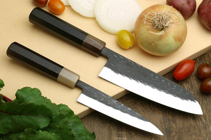 Yoshihiro Kurouchi Stainless Clad High Performance SLD Japanese Nakiri Vegetable Knife & Petty Utility Knife 2pc Set (Nakiri 6.5" / Petty 5.3" & Saya Cover)