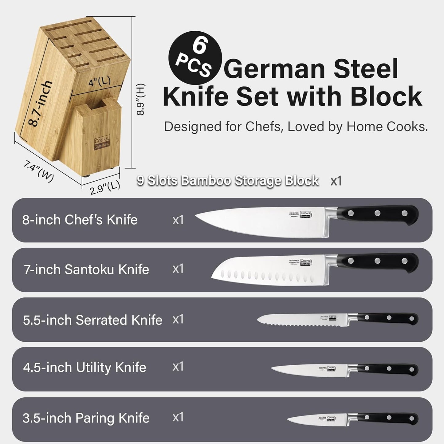 Cooks Standard Kitchen Knife Set with Block 6-Piece, Stainless Steel Forge High Carbon German Blade with Expandable Bamboo Storage Block for Extra Slots, Silver