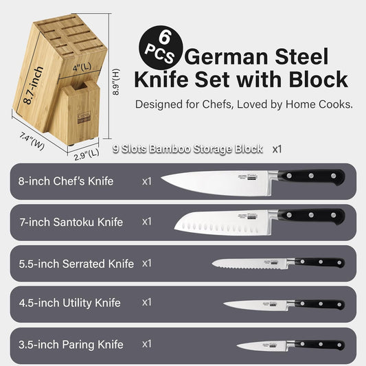 Cooks Standard Kitchen Knife Set with Block 6-Piece, Stainless Steel Forge High Carbon German Blade with Expandable Bamboo Storage Block for Extra Slots, Silver