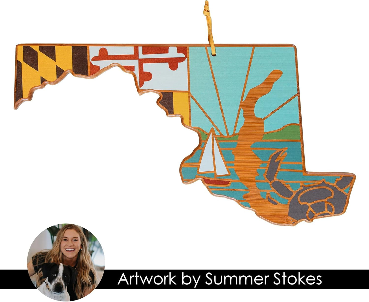 Totally Bamboo North Carolina State Shaped Cutting Board and Charcuterie Serving Platter with Artwork by Summer Stokes, Includes Hang Tie for Wall Display 18" x 8" x 5/8" - Colors B