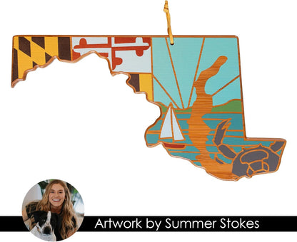 Totally Bamboo North Carolina State Shaped Cutting Board and Charcuterie Serving Platter with Artwork by Summer Stokes, Includes Hang Tie for Wall Display 18" x 8" x 5/8" - Colors B