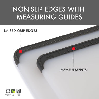Dexas Non-Slip Cutting Boards with Non-Slip Measuring Guides, 2-Pack. Set includes Boards that measure 13"x 9" and 8"x 6.5"