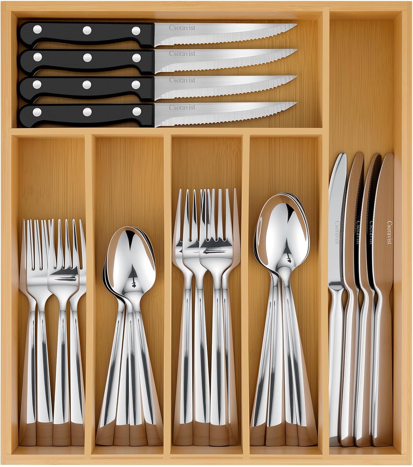 49-Piece Silverware Set with Bamboo Organizer for 8, Heavy-Duty Flatware Set with Steak Knives, Rust-Proof & Mirror Polished, Dishwasher Safe,Modern Hammered(organizer only for packaging)