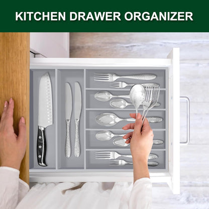 Bellsal Natural Utensil Organizer 12.5 Inch Silverware Organizer for Drawer Utensil Holder Cutlery Organizer Kitchen Drawer Organizer 7 Compartment Small Narrow Bamboo