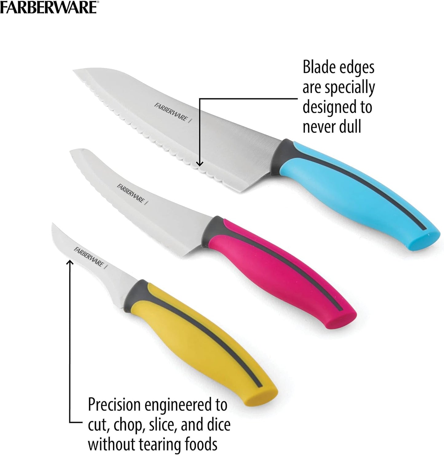 Farberware Precise Slice Utility Knife Set, 3 Piece, Multicolor