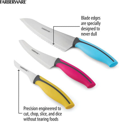 Farberware Precise Slice Utility Knife Set, 3 Piece, Multicolor