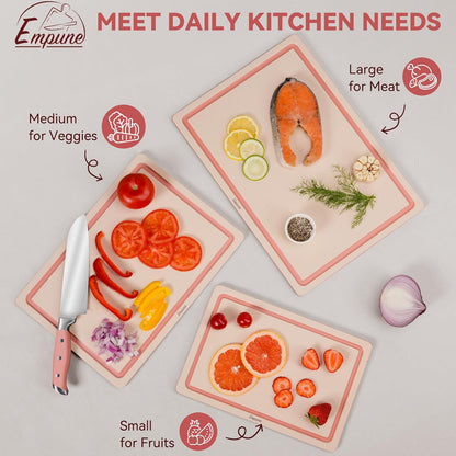 Empune 3-Piece Plastic Cutting Boards for Kitchen - Thick & Non-Slip Chopping Board Set with Juice Grooves, Dishwasher Safe, BPA Free, Includes Large & Small Sizes, Gray