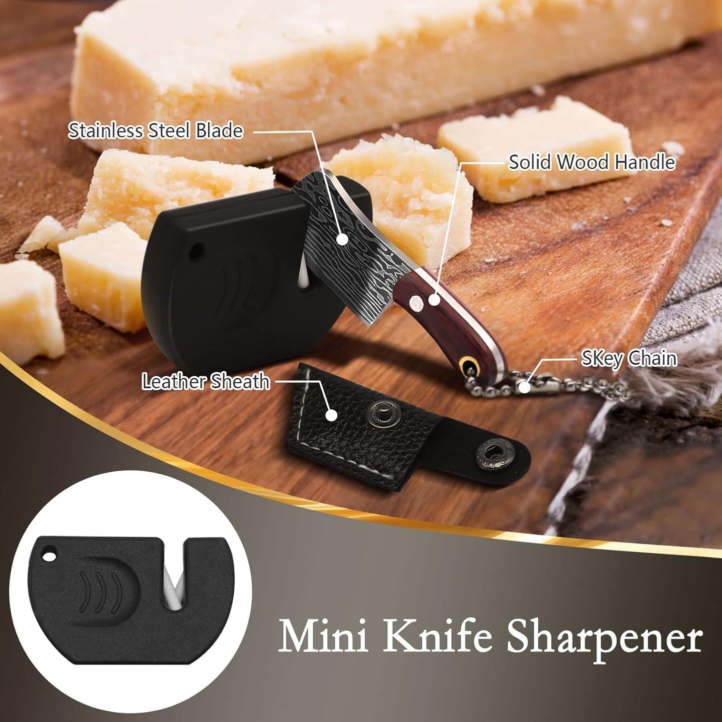 Mini Knife Set, Damascus Pocket Knife with Sharpener, Mini Chef EDC Knives, Tiny knife Cleaver Keychain Tiny Things for Package Opener, Box Cutter, Letter Opener - Set of 5