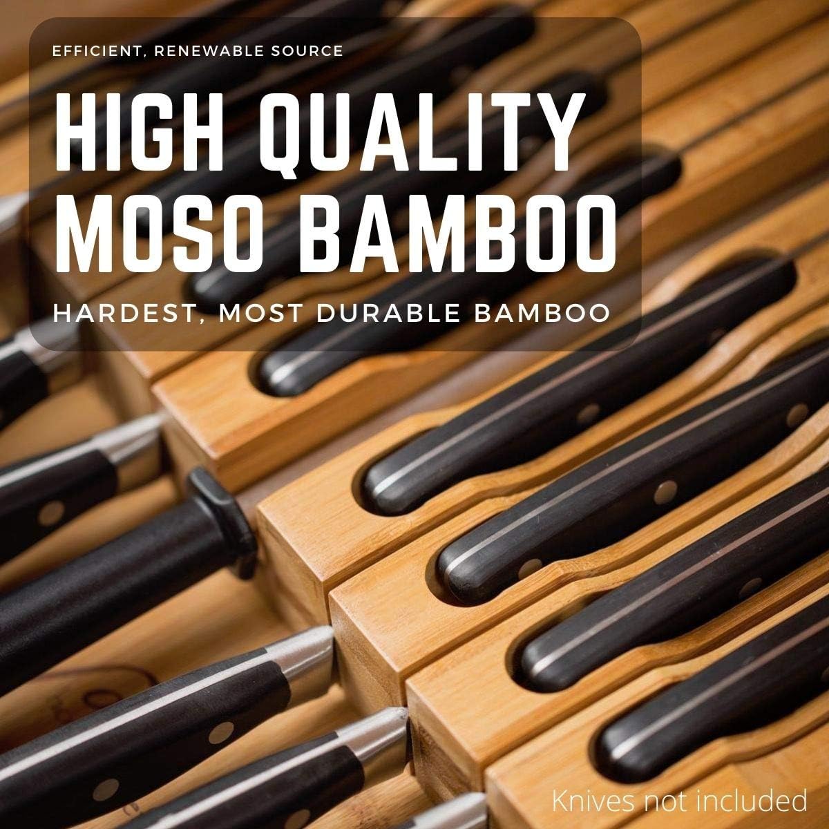 In-Drawer Bamboo Knife Block Holds 12 Knives (Not Included) Without Pointing Up PLUS a Slot for your Knife Sharpener! Noble home & chef Knife Organizer Made from Quality Moso Bamboo