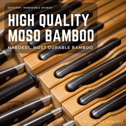 In-Drawer Bamboo Knife Block Holds 12 Knives (Not Included) Without Pointing Up PLUS a Slot for your Knife Sharpener! Noble home & chef Knife Organizer Made from Quality Moso Bamboo