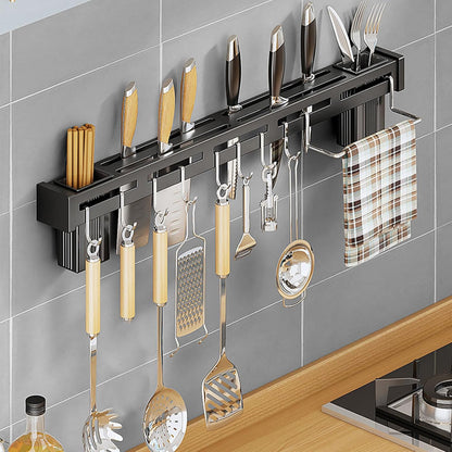 Kitchen Organizer Rack Wall Mounted, 2024 New No Punch Wall Mounted Knife Rack Organizer, Kitchen Knife Storage Holder with 9-Hooks for Hanging Spoon Dish Towel, Black