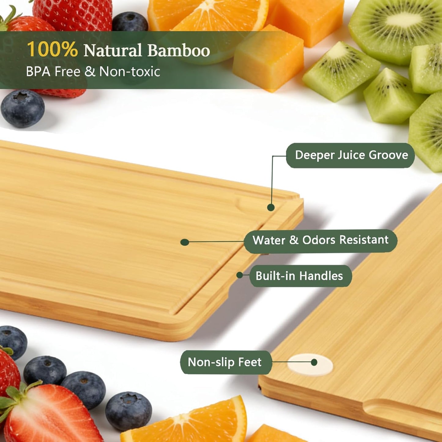 Cutting Boards for Kitchen, Bamboo Cutting Board Set of 3 with Storage Stand, Deep Carbonized Chopping Boards with Deep Juice Grooves and Side Handles for Meat, Vegetables, Fruit and Meal Prep