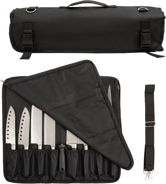 Chef Knife Roll Bag, Oxford Cloth knife bags for chefs professional, Portable 15 Slots chef bag With Zipper Close, With Adjustable Shoulder Strap knife carrying case Hold Home Kitchen Knife Tools