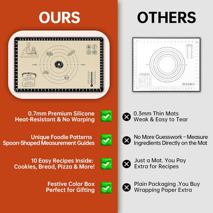 Silicone Baking Mat with Recipes, Extra Thick Silicone Mats for Baking, Non Stick Pastry Mat for Rolling Dough, Silicone Macaron Baking Mat for Cookie,Bread,Pizza,Fondant Mat, Oven&Dishwasher Safe