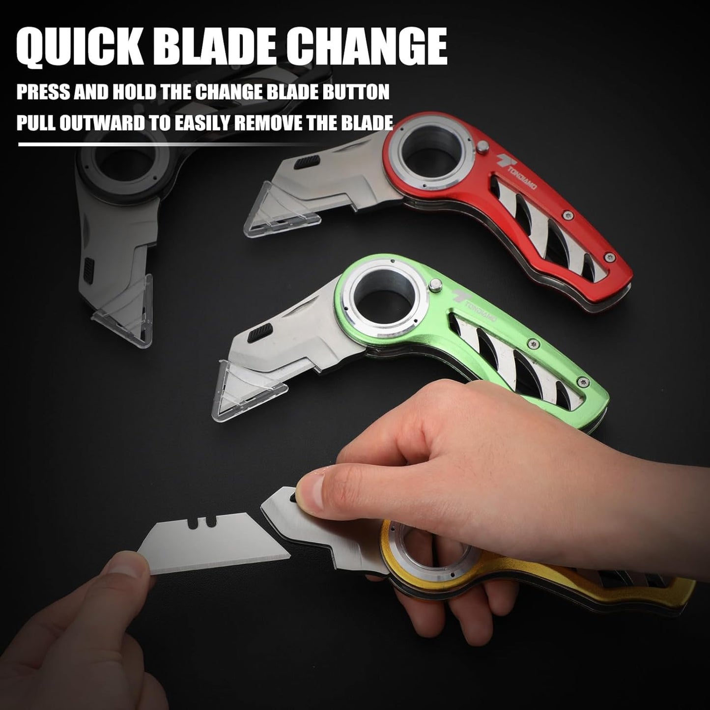 Tondiamo 4 Pcs Folding Pocket Utility Knife Heavy Duty Box Cutter Folding Razor Knife with Anti Slip Finger Loop Easy Change Blades 3 Lock Positions Design (Yellow,Red,Black,Green)