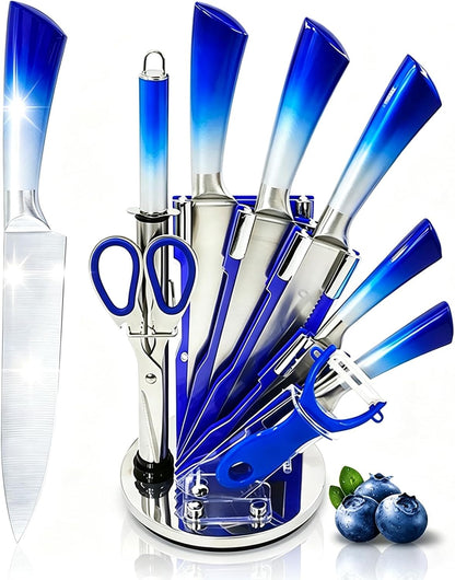 Elegant Purple 9-Piece Kitchen Knife Set with Acrylic Block,Non Stick Sharp Stainless Steel Chef Knives with Sharpener,Gift Ready Cutlery Set for Women