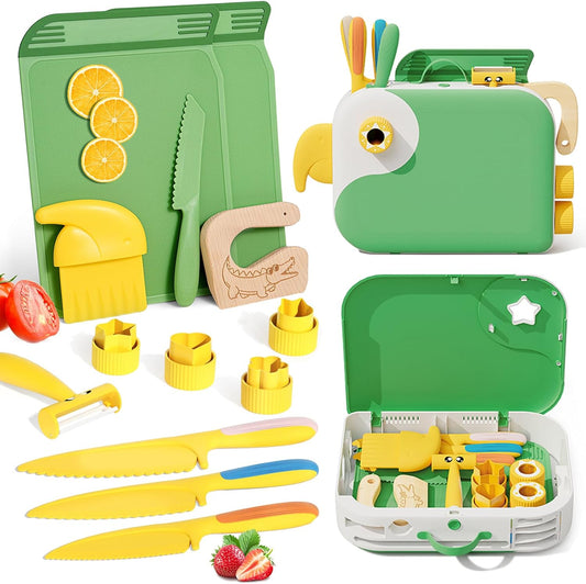 Montessori Kitchen Tools for Toddlers,Kids Knife for Real Cooking,Toddlers Knife Set with Storage Box Kids Safe Knives Children Cutting Set and Peeler,Montessori Toys for Kitchen Set -Pink