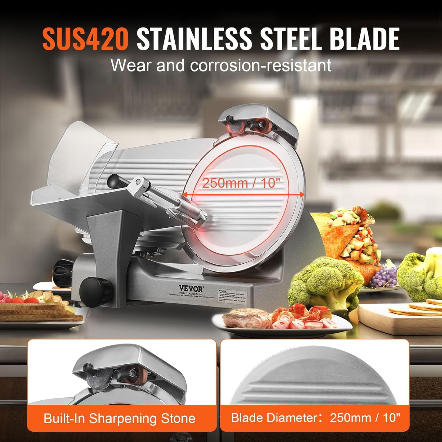 VEVOR Meat Slicer, 7.5 inch 200W Electric Deli Slicer Machine with SUS420 Blade, 0-0.6 inch Adjustable Thickness, ETL Certified Home Food-Slicer for Meat, Ham, Baguett, Steak