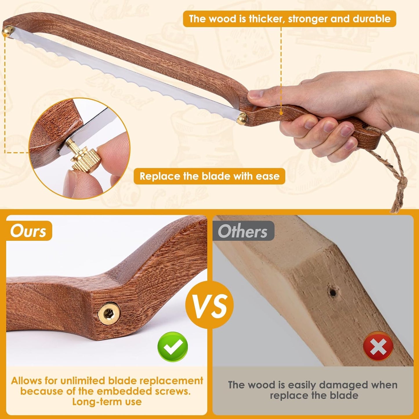 NANYI Sourdough for Even Slicing – Bow Bread Knife with Wooden Handle, Bread Cutter for Homemade Sourdough Loaves, Precision Bread Saw for Artisan and Homemade Bread (right hand)