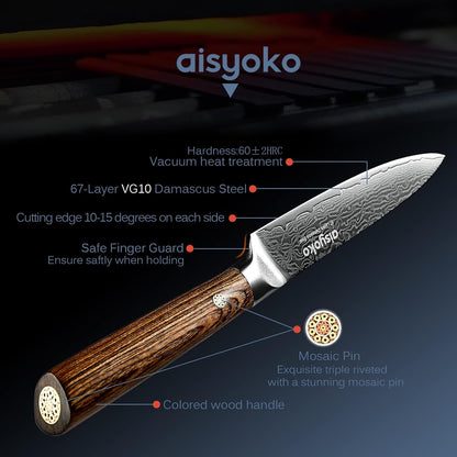 5-Inch Paring Knife - Japanese VG-10 Super Steel 67-Layer Damascus Blade - Fruit Utility Knife for Carving & Peeling - Luxury Gift Box with Color Wooden Handle - Includes Scabbard