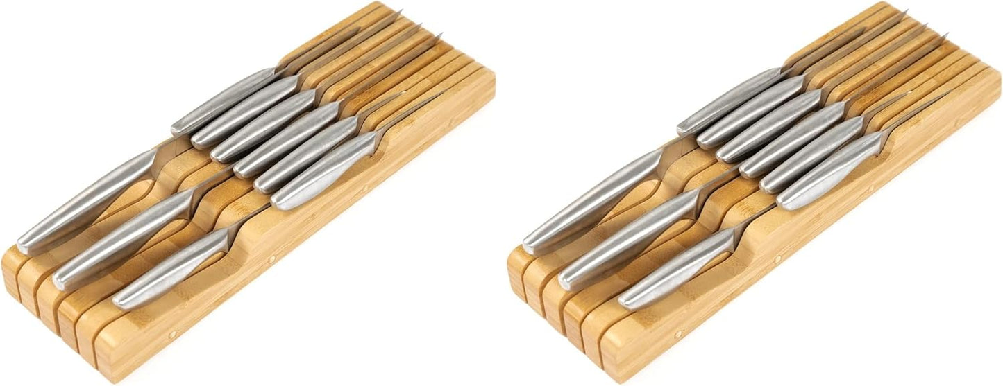 KitchenEdge Bamboo Kitchen Knife Block Holder Organizer - Holds 5 Long + 6 Short Knives (Not Included), Fits Most Knife Sizes, Rubber Feet, Sustainable Bamboo, In-Drawer Design