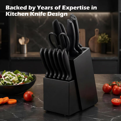 Knife Set, KroWallu 16 Pieces Knife Sets for Kitchen with Block, Dishwasher Safe Kitchen Knife Set with Built-in Sharpener, German Stainless Steel Black Knife Block Set